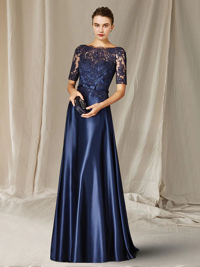 A-Linien-Kleid für die Brautmutter, Übergröße, elegant, Rundhalsausschnitt, bodenlang, Spitze, Charmeuse, kurze Ärmel, mit Schleifenapplikationen